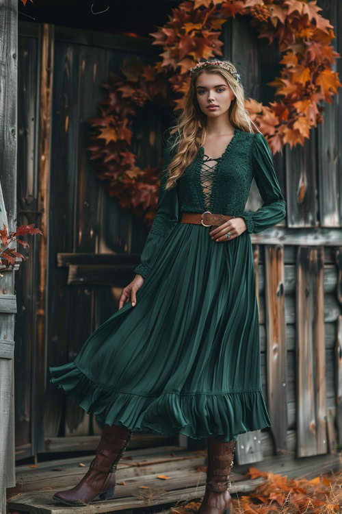 A woman wears a green lace-up wedding guest dress with long sleeves, brown boots, and a brown belt