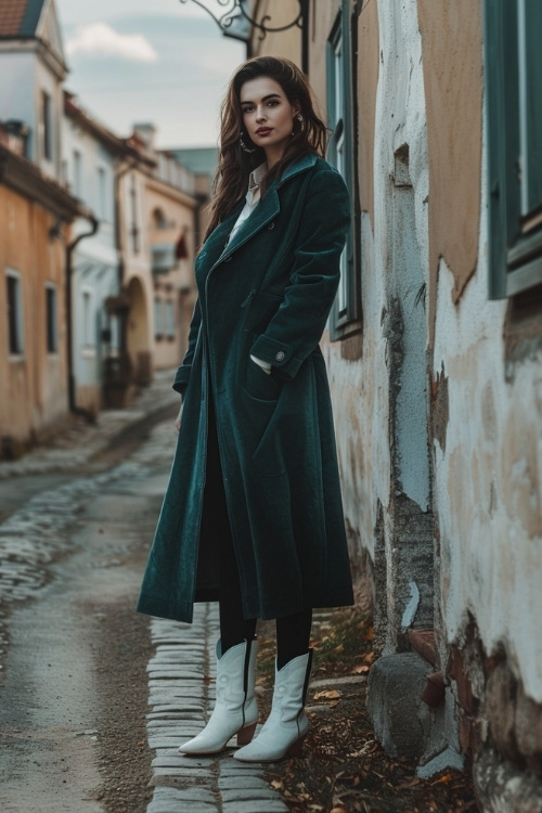 A woman wears a green long coat, white shirt, black pants and white cowboy boots