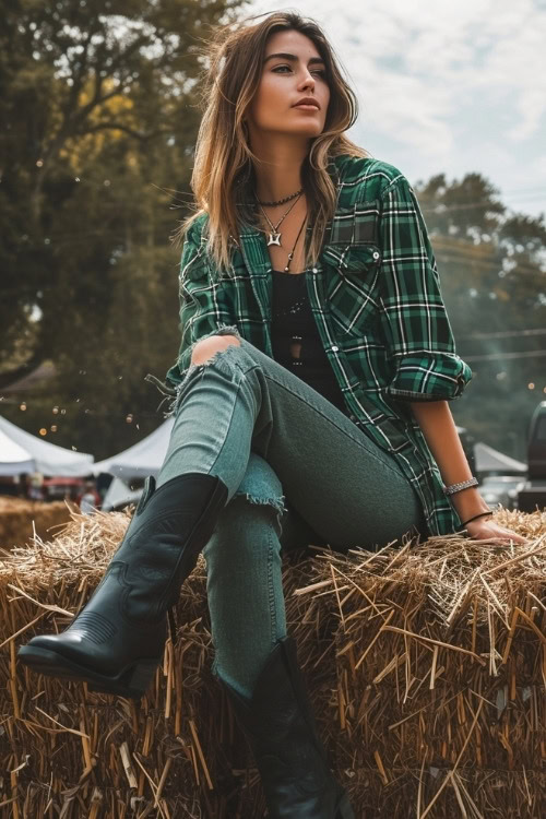 A woman wears a green plaid shirt, ripped jeans, and black cowboy boots