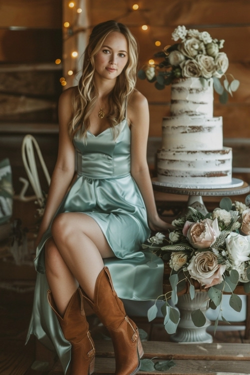 A woman wears a green satin bridesmaid dress with brown cowboy boots