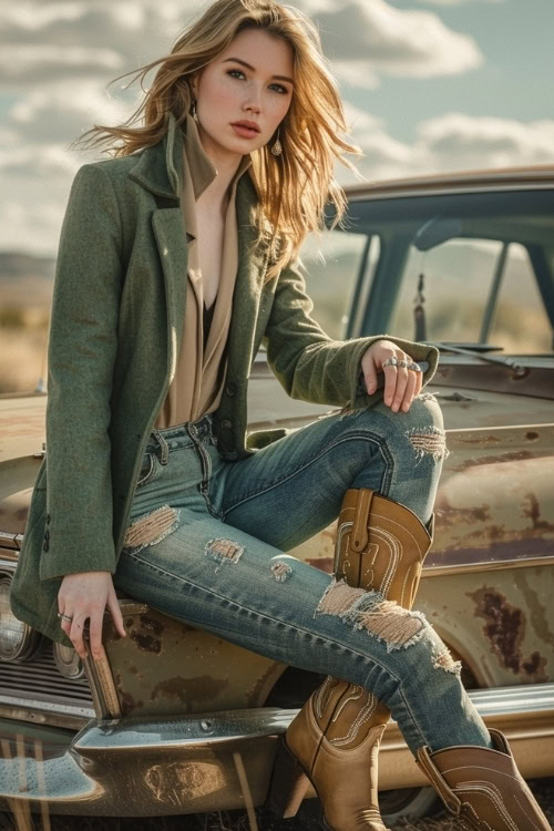 A woman wears a green sport coat, light brown blouse, blue ripped jeans, and brown cowboy boots