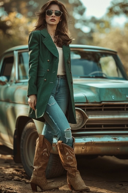 A woman wears a green sport coat, white top, blue jeans, and brown cowboy boots