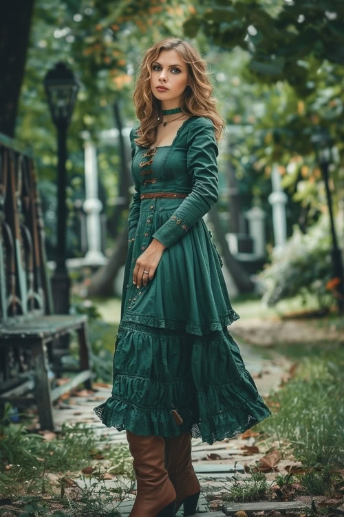 A woman wears a green tiered dress with brown cowboy boots