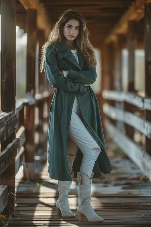 A woman wears a green trench coat, white pants, with beige cowboy boots