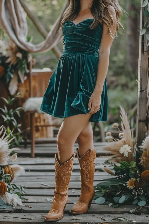 A woman wears a green velvet bridesmaid dress with brown cowboy boots