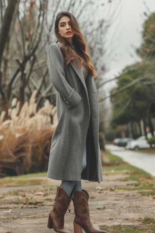 A woman wears a grey long coat, blue jeans, and brown cowboy boots