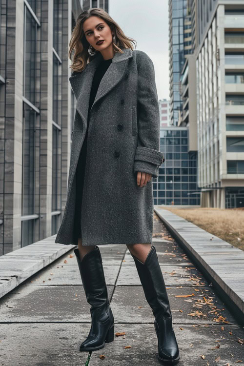 A woman wears a grey long coat, dress, with black cowboy boots