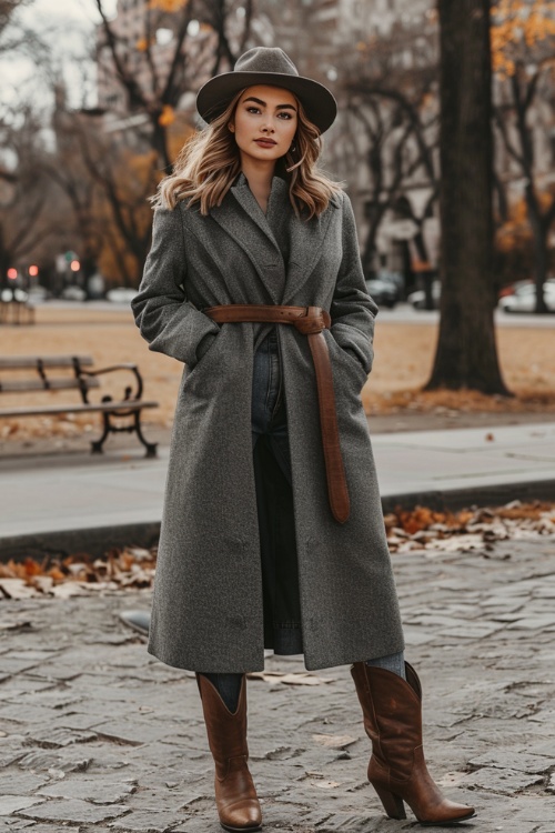 A woman wears a grey long coat, grey hat, brown belt, blue jeans with brown cowboy boots