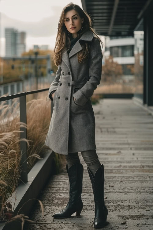 A woman wears a grey long coat, grey jeans and black cowboy boots