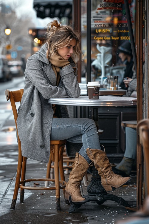 A woman wears a grey long coat, grey jeans, with brown cowboy boots