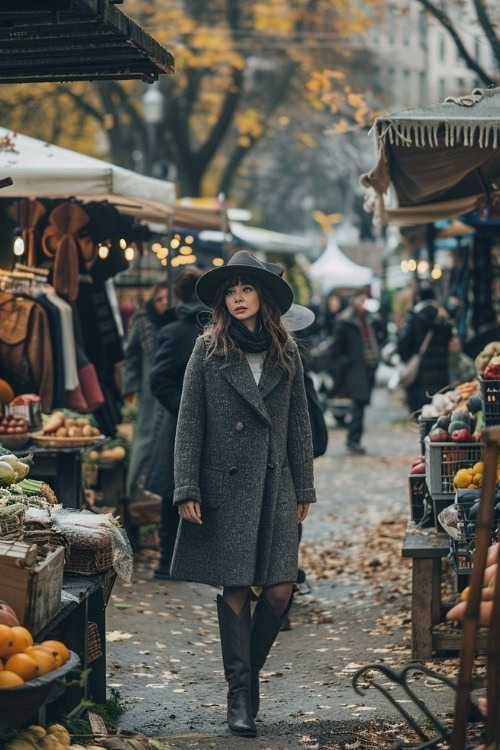 A woman wears a grey long coat, tights and black cowboy boots