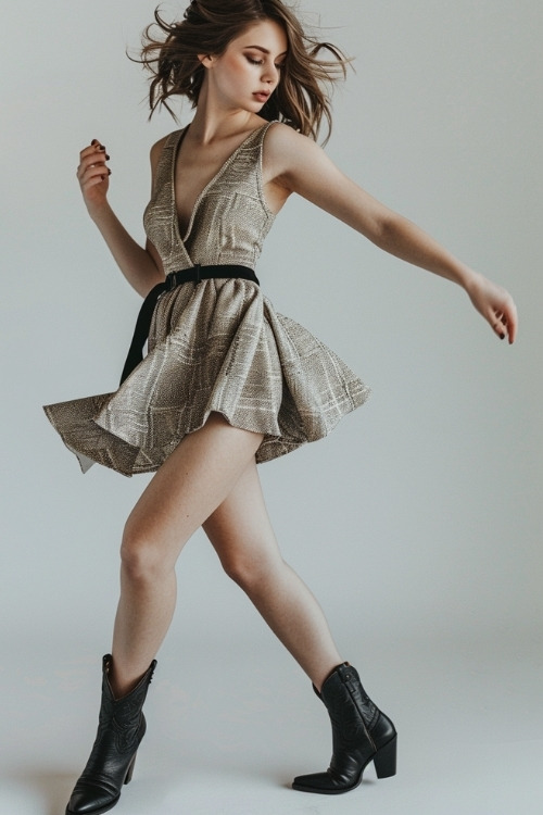 A woman wears a grey textured mini dress with black cowboy boots