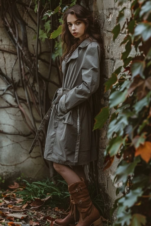 A woman wears a grey trench coat, and brown cowboy boots