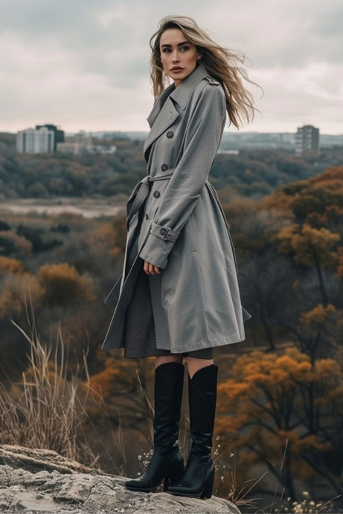 A woman wears a grey trench coat, dress, and black cowboy boots