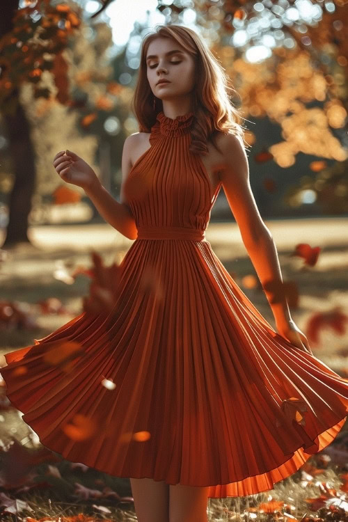 A woman wears a halter neck orange pleated wedding guest dress