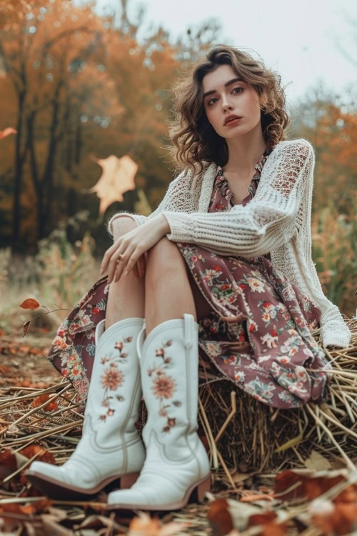 A woman wears a knitted cardigan, a floral dress, and white embroidered cowboy boots