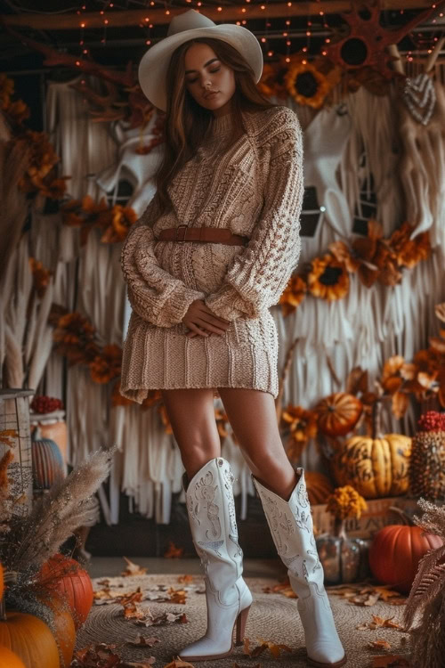 A woman wears a knitted sweater dress and white cowboy boots