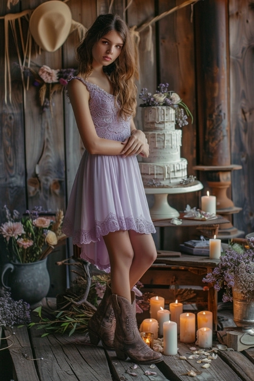 A woman wears a lavender lace mini bridesmaid dress with brown cowboy boots