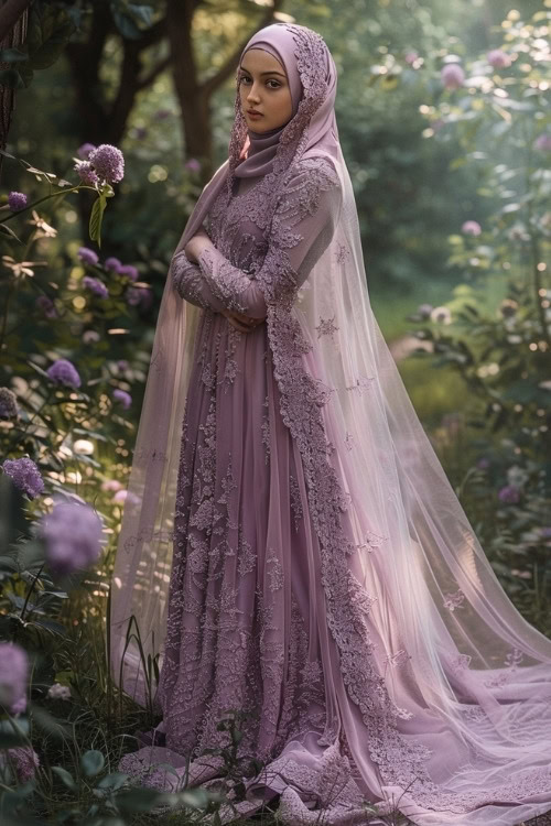 A woman wears a lavender lace wedding guest gown with a matching hijab and flowing cape