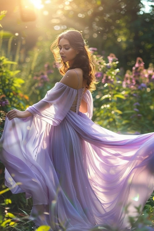 A woman wears a lavender off-the-shoulder wedding guest gown with flowing layers of fabric