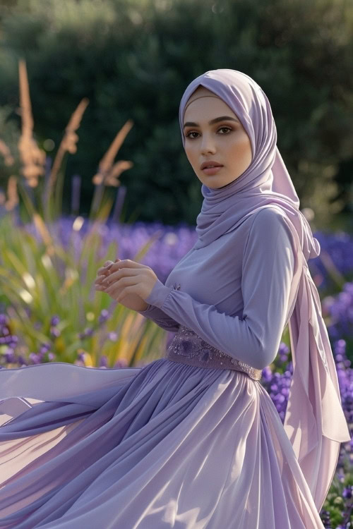 A woman wears a lavender wedding guest dress with a matching hijab and belt