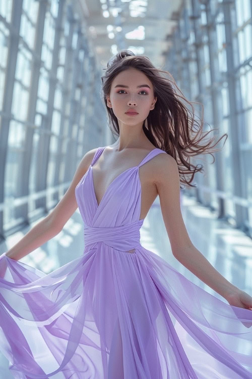 A woman wears a lavender wedding guest dress with a plunging neckline and flowing fabric