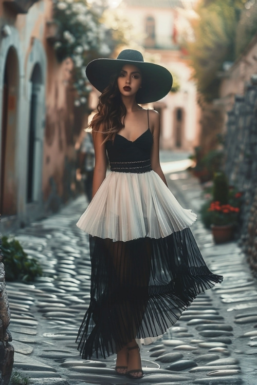 A woman wears a layered black and white wedding guest dress with a plunging neckline