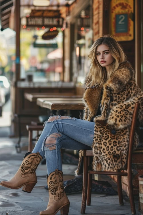 A woman wears a leopard print long coat ripped, blue jeans, and brown cowboy boots