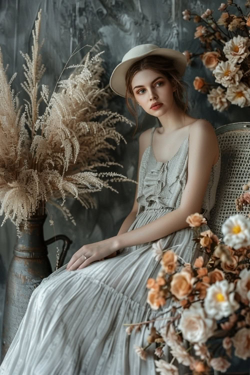 A woman wears a light beige ruffled wedding guest dress with a matching hat