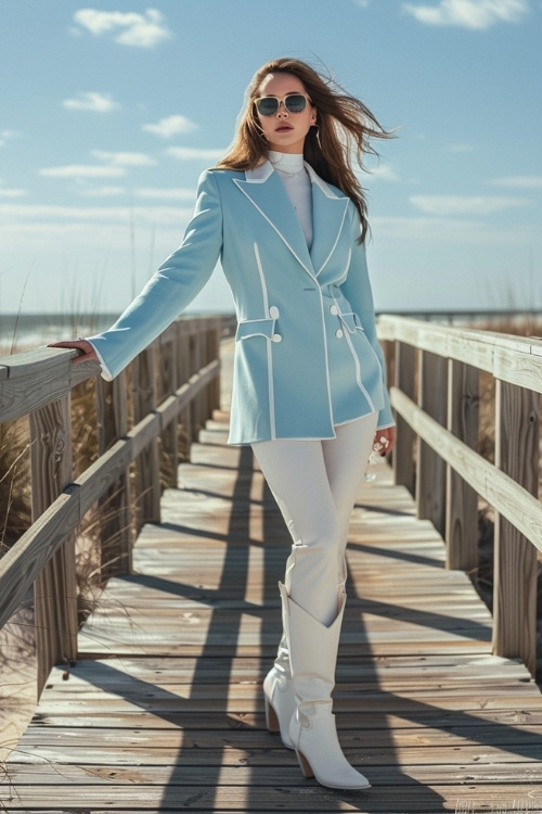 A woman wears a light blue coat, white turtleneck, white pants, and white cowboy boots