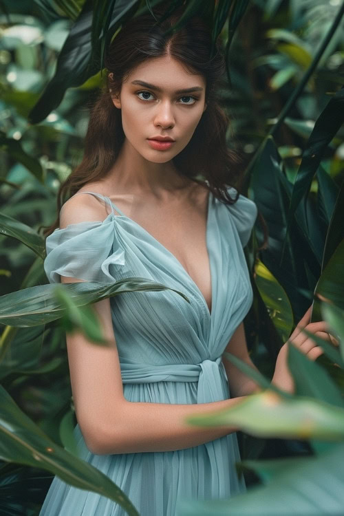 A woman wears a light blue wrap wedding guest dress with a deep V neckline