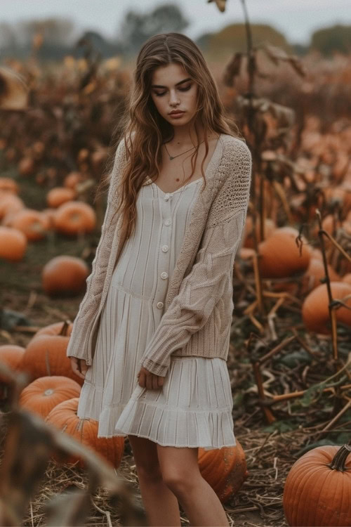 A woman wears a light cream pleated dress with a beige cardigan for a casual country wedding