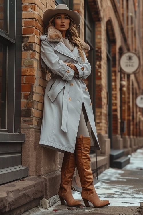 A woman wears a light grey trench coat, beige shirt, beige pants, and brown cowboy boots