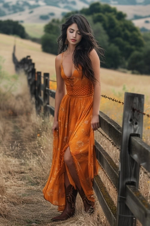 A woman wears a light orange country wedding guest dress with brown cowboy boots