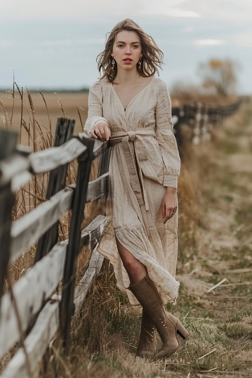 A woman wears a long beige dress with tie waist and brown boots for a casual country wedding