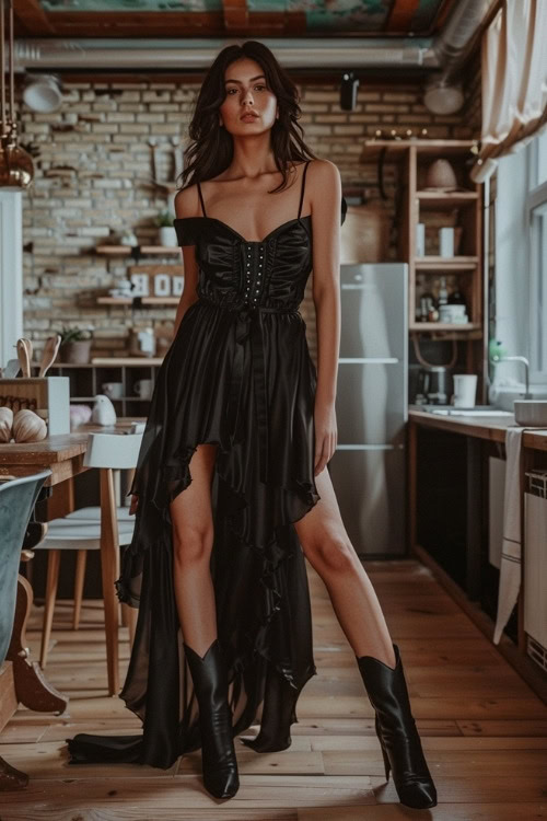 A woman wears a long black ruffled dress with black cowboy boots