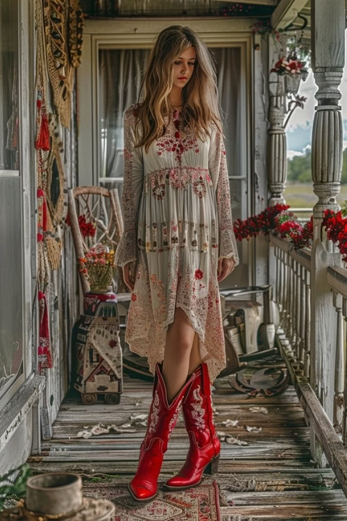 A woman wears a long boho dress with red cowboy boots