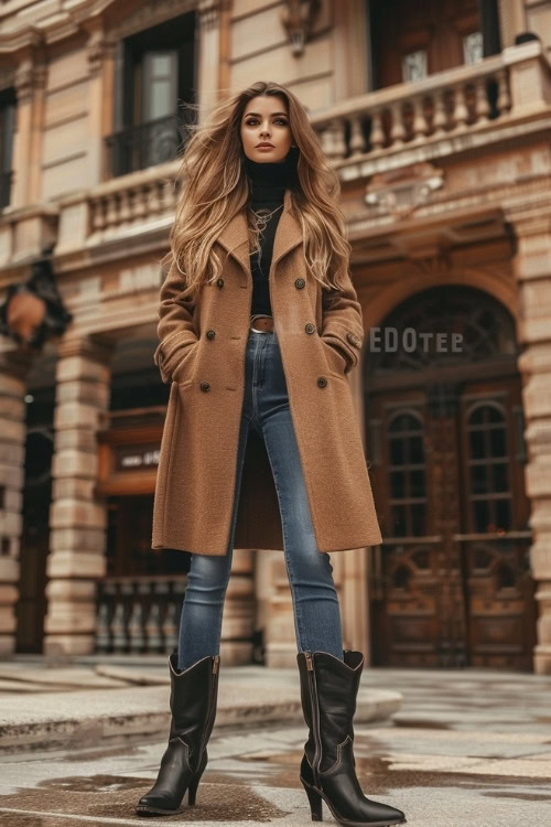 A woman wears a long brown coat, a black turtleneck, jeans, and black cowboy boots