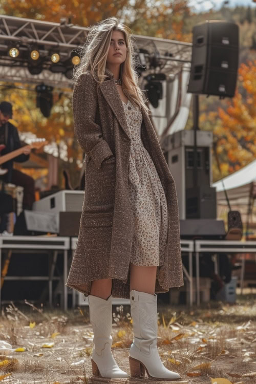 A woman wears a long brown coat, a floral dress, and white cowboy boots