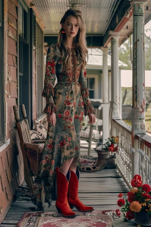 A woman wears a long floral print long-sleeve dress with red cowboy boots