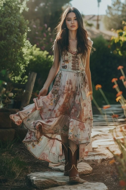 A woman wears a long flowing floral dress with brown cowboy boots