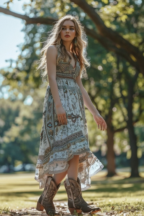 A woman wears a long flowing, patterned dress with dark brown cowboy boots