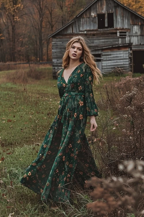 A woman wears a long green floral country wedding guest dress with a cinched waist and flowing sleeves