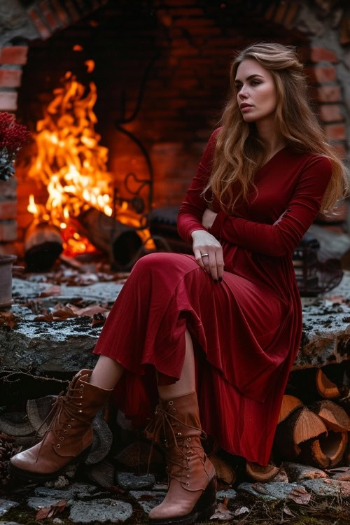 A woman wears a long red long-sleeve wedding guest dress with brown lace-up boots