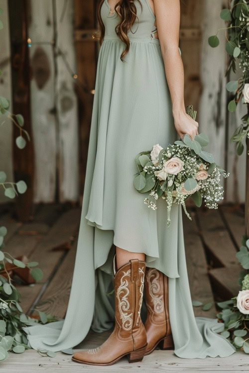 A woman wears a long sage bridesmaid dress with brown cowboy boots