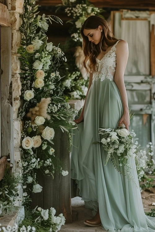 A woman wears a long sage green bridesmaid dress with brown cowboy boots