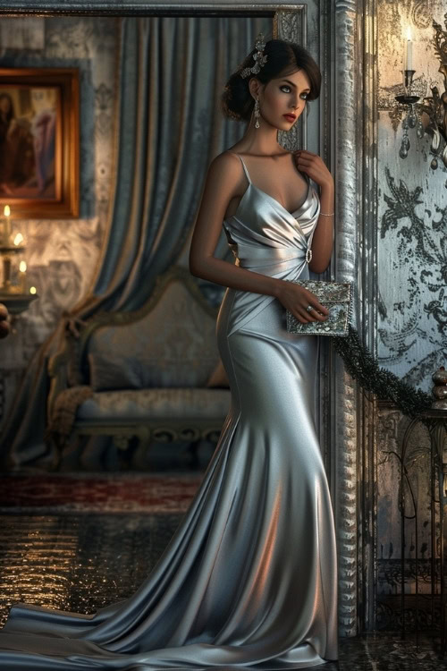 A woman wears a long silver satin wedding guest dress with a matching clutch