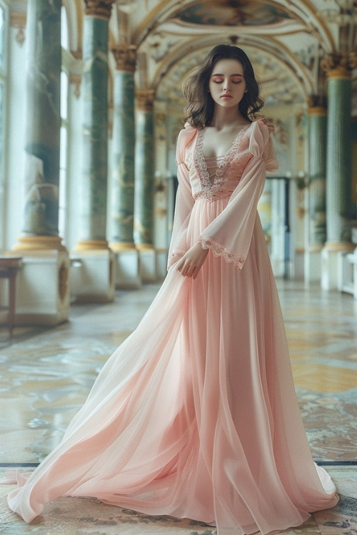 A woman wears a long-sleeve light pink wedding guest dress