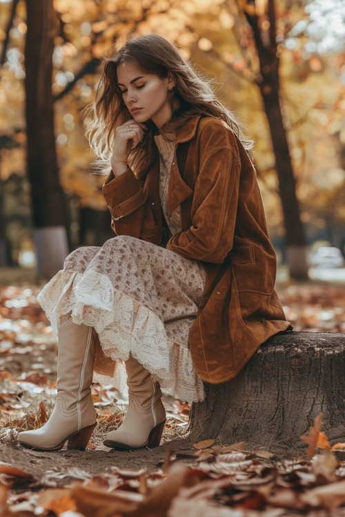 A woman wears a long suede coat, a long floral dress with ruffle, and beige cowboy boots