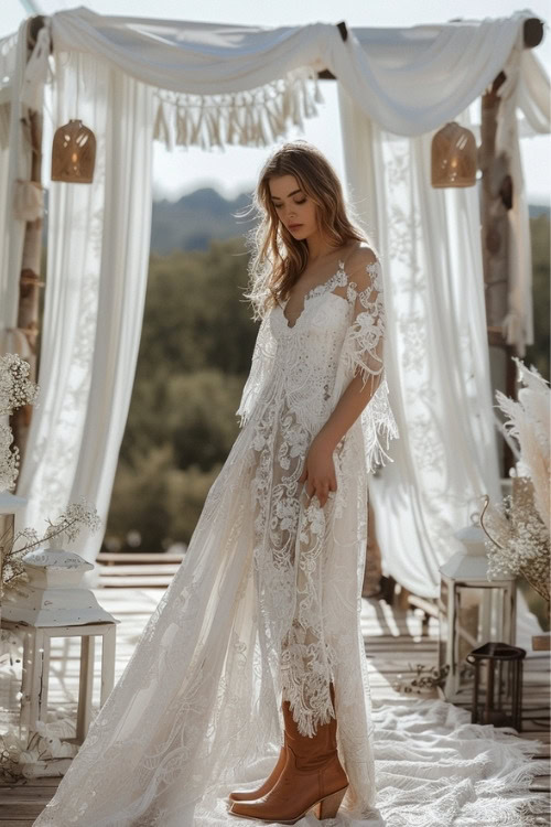 A woman wears a long white lace bridesmaid dress with brown cowboy boots